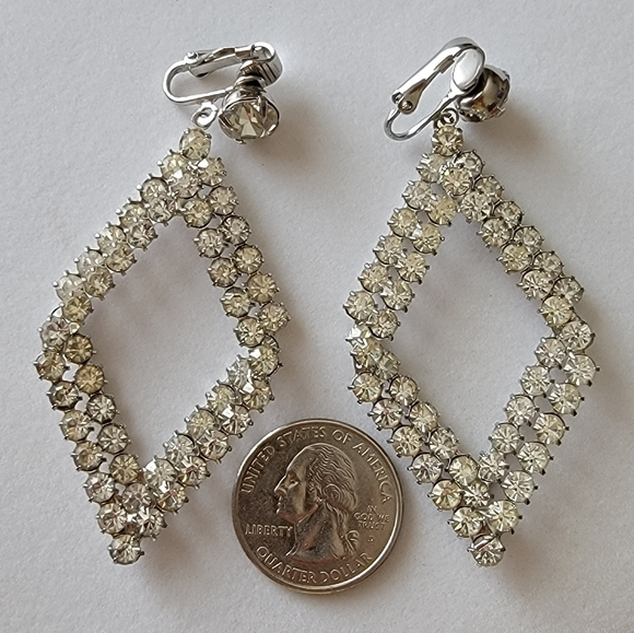 Vintage Clip-on Rhinestone Diamond Drop Earrings - Picture 5 of 7
